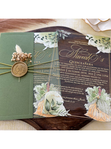 The frog and the princess, Tiana Quineceñera Invitation, Clear Acrylic (Set of 50 or 100)