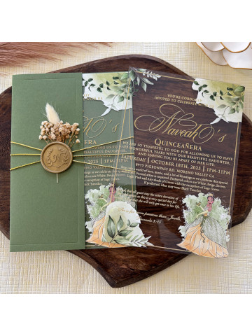 The frog and the princess, Tiana Quineceñera Invitation, Clear Acrylic (Set of 50 or 100)