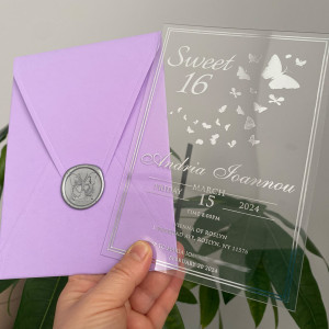 Sweet 16 invitation, Silver foil printed acrylic Sweet 16 invitation, Quinceañera invitation, Magenta envelope, Silver wax seal