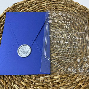 Winter themed  Acrylic Sweet 16 invitation, Silver foil print, Royal blue envelope, Silver foil print, Silver wax seal