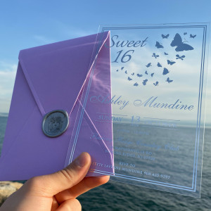 Sweet 16 invitation, Acrylic birthday invitation, Quinceañera invitation, Silver foil print, Lilac envelope, Silver wax seal