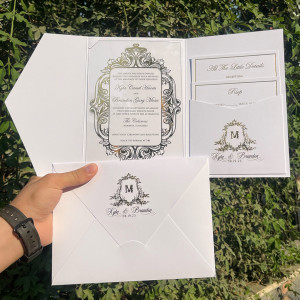 Acrylic Wedding Invitation. White Pocket Envelope. Gold foil print. Detail Card. Mailing Envelope. Wax seal