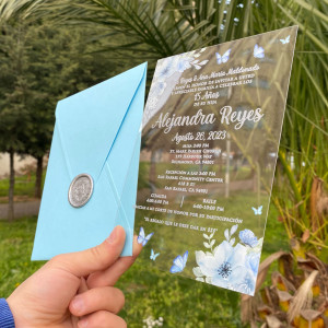Acrylic 15 Anos invitation, Butterfly Quince Invitation, Blue floral Quinceañera invitation, UV print,  Acrylic birthday invitation, Light blue envelope, Silver wax seal.