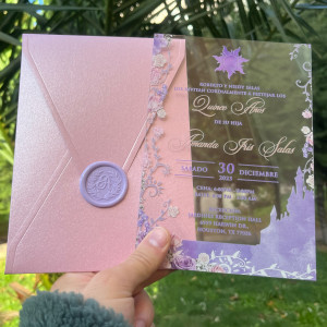 Disney Princess Rapunzel Tangled, Rapunzel tangled themed invitation, Quince Años Invitation, Acrylic Quinceañera invitation, Pink pearl envelope, Lilac wax seal