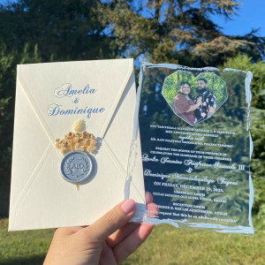 Acrylic wedding invitation with photo, Acrylic wedding invitation, Cream colored envelope, Silver wax seal and dried flowers.