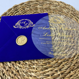 Acrylic wedding invitation with velvet envelope, Gold wax seal, Navy blue velvet envelope. Gold wax seal 