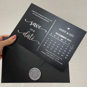 Save Our Date, Black acrylic Save The Date, Silver foil print, Black envelope, Silver Wax seal