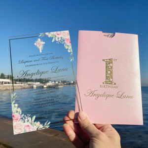 Baptism and First birthday invitation.Acrylic Invitation Card With Pink Flowers And Gold Foil Print, Pink Pearl Envelope With Gold Foil Print, Pink Pearl Mail Envelope With Gold Foil Print.