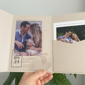 Save The Sate. Photo printed acrylic wedding invitation, Blush color envelope with pocket, Photo printed detail card, Gold wax seal