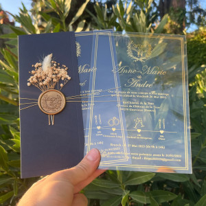 Acrylic wedding invitation, Gold foil printing, Navy Blue half envelope, Gold wax seal and dried flowers