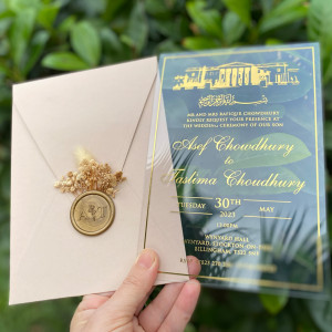 Wedding invitation, Gold foil printed wedding invitation, Blush color envelope, Gold wax seal and dried flowers