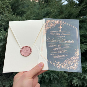 First holy community, Holy community, Christening invitation, Acrylic baptism invitation, Rose gold foil printing, Ivory envelope, Rose wax seal