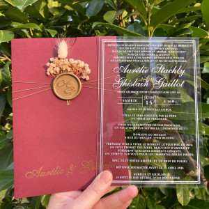 Acrylic Wedding invitation, White printing, Gold foil printed burgundy envelope, Gold wax seal and dried flowers