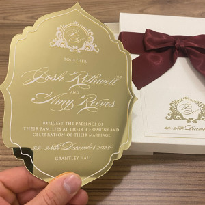 Custom Cut Gold Mirrored Invitation, Ivory Invitation Box with Gold Foil Print and Ribbon.