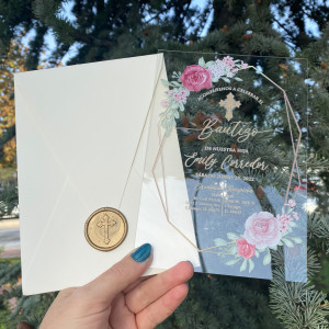 Acrylic Baptism Invitations. Floral Acrylic Baptism Invitation. Ivory envelope. Wax seal UV Printed
