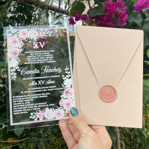 Acrylic Mis XV Anos invitation. Acrylic Floral invitation card. UV printing. Blush colored envelope. Pink wax seal