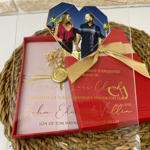 Wedding invitation with photo. Red Invitation Box. Ribbon and gold foil printed + UV printed invitation
