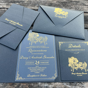 Masquerade themed invitation. Acrylic Quinceañera invitation, Gold foil print, Black pearlescent pocket envelope, Detail card, Mailing envelope