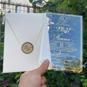 Acrylic Wedding invitation, Gold foil printing, Ivory envelope, Gold wax seal