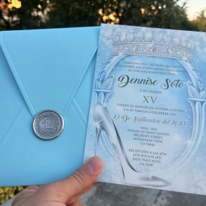 Princess themed acrylic Quinceañera invitation. Light blue envelope. UV printing. Silver wax seal