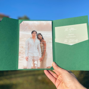 Photo Acrylic Wedding Invitation, Green Pocket Envelope, Photo Printed Card, Detail Card. Gold Wax Seal, Wax Seal 