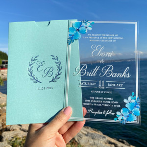 Blue floral acrylic wedding invitation, UV printed acrylic invitation. Floral Invitation Card, Turquoise envelope with silver foil print