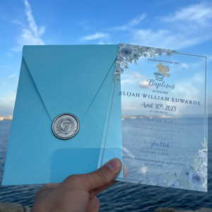 Baptism invitation, Blue floral acrylic baptism invitation, Light blue envelope, Silver wax seal