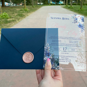 Floral wedding invitation, Blue floral invitation, Floral acrylic invitation wedding invitation, Navy blue envelope, UV print, Rose wax seal