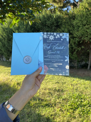 Winter themed Acrylic invitation. Snow themed Acrylic Sweet 16 Invitation. UV printing. Light Blue envelope. Silver wax seal 