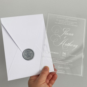 Wedding Invitation, Clear Acrylic Wedding Invitation. White Envelope. Silver Foil Print. Silver Wax Seal