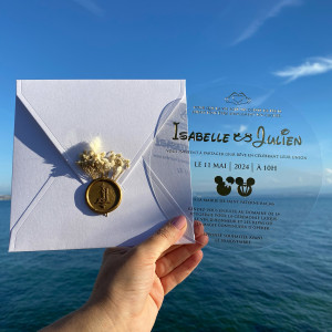Mickey and Minnie themed acrylic wedding invitation with gold foil print. White pearlescent envelope. Golden wax seal and dried flowers
