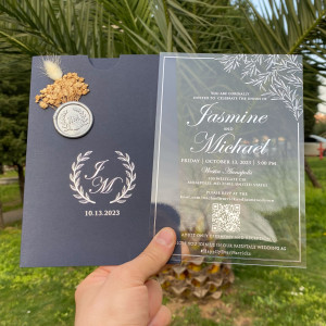 Wedding invitation, Acrylic wedding invitation, Silver foil printed acrylic wedding invitation, Navy blue envelope, Silver wax seal and dried flowers