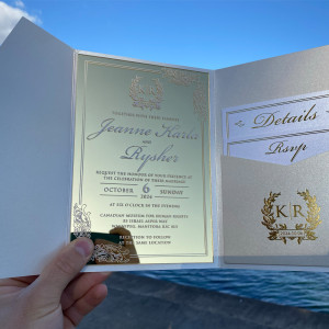 Gold Mirrored wedding invitation, Gold mirror invitation, Ivory pearl pocket envelope, Mirrored wedding invitation, Gold mirrored invitation