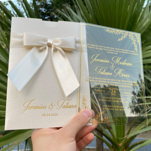 Acrylic wedding invitation, Wedding invitation, Ivory mother-of-pearl envelope with ribbon and gold foil print, Clear acrylic invitation