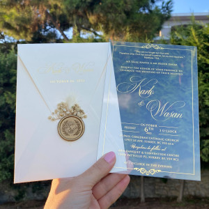 Acrylic Wedding Invitation, Gold foil print, Ivory envelope, Gold wax seal and dried flowers