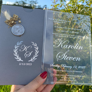 Clear Acrylic Wedding Invitation.  Silver foil print, Gray Envelope.  Silver wax seal and dried flowers