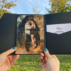 Acrylic wedding invitation with photo,  Photo printed card, Black pocket envelope, Detail card, Gold wax seal