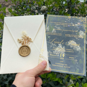 Wedding invitation, Acrylic wedding invitation, Gold foil printed acrylic wedding invitation, Ivory envelope, Gold wax seal and dried flowers.