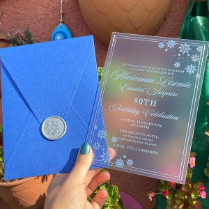 Winter Themed Acrylic Invitation. Frosted acrylic birthday invitation. Silver foil print. Blue envelope. Silver wax seal