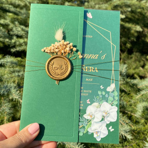 Acrylic Quinceañera invitation with orchid flowers, UV printed, Emerald green half envelope, Gold wax seal and dried flowers