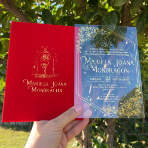 Beauty and the Beast Disney themed Acrylic Birthday invitation, Gold foil printing, Red velvet envelope, Gold wax seal