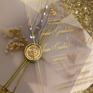 Clear Acrylic Wedding Invitation. Wedding Invitation. Acrylic Invitation. Parchment Wrap Wax Seal And Dried Flowers
