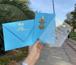 Cinderella Themed Acrylic Quinceañera Invitation. Light Blue Half Envelope. Gold foil print. Golden wax seal and dried flowers 