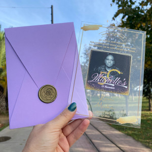  Acrylic invitation card with photo. Birthday invitation with acrylic photo. UV printed. Lilac envelope. Gold wax seal