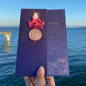 Acrylic Quinceañera invitation, Rose Gold foil printed acrylic Quinceañera invitation, Purple pearlescent half envelope, Pink wax seal and pink flowers