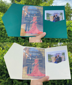 Acrylic wedding invitation with photo,  Photo printed card, Pocket envelope,  Gold wax seal, Emerald green or Ivory pocket envelope, Personally designed invitation