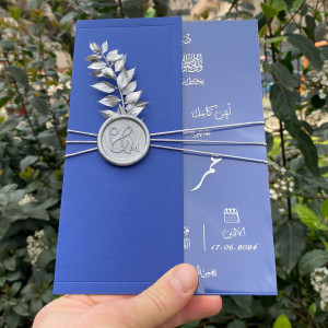 Wedding invitation, Acrylic wedding invitation, Royal blue half envelope, Gold wax seal and dried flowers.
