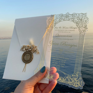 Custom cut acrylic Quinceanera invitations. Acrylic Quinceañera Invitation. Ivory envelope. Gold foil print. Gold Wax seal
