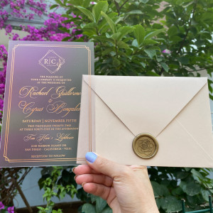 Frosted acrylic wedding invitation, Rose gold foil printing, Blush color envelope, Wax seal