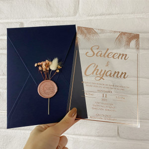Clear acrylic wedding invitation. Rose gold foil printing. Navy blue envelope. Rose wax seal and dried flowers 
